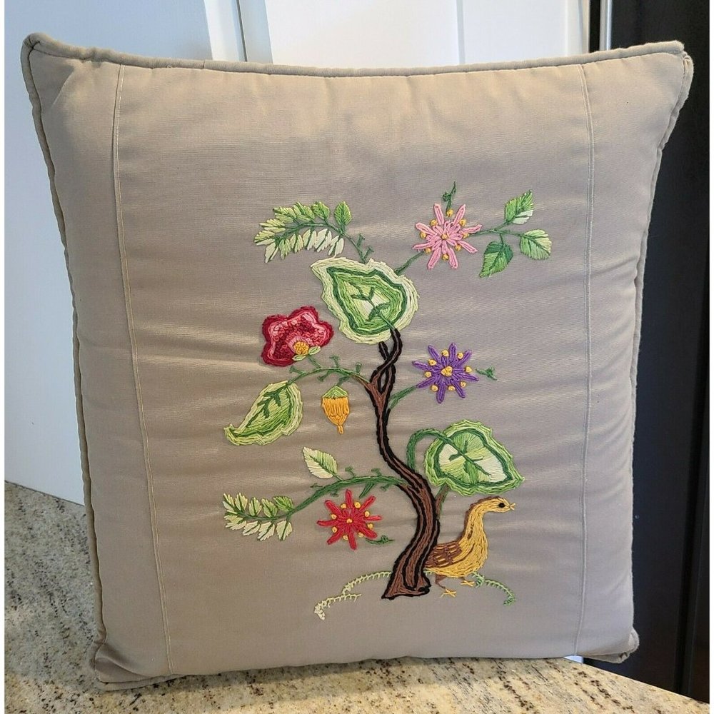 Vtg Floral Throw Pillow Embroidered Birds Shabby Chic Cottage Country 15x15"